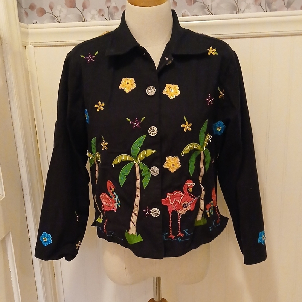 Flamingo Embroidered Beaded Black Jacket